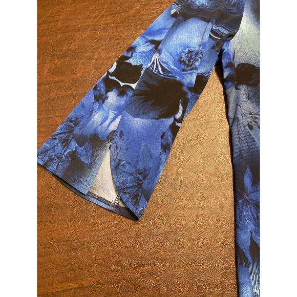 Clara Sun Woo Blue Floral Print Tunic Top Long Sleeve Asymmetric Hem Stretch SM - Picture 7 of 7